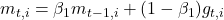  m_{t,i} = \beta_1 m_{t-1,i} + (1 - \beta_1) g_{t,i} 