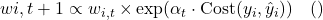  w{i, t+1} \propto w_{i, t} \times \exp(\alpha_t \cdot \text{Cost}(y_i, \hat{y}_i)) \quad (\text{誤分類の場合}) 