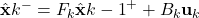  \hat{\mathbf{x}}k^- = F_k \hat{\mathbf{x}}{k-1}^+ + B_k \mathbf{u}_k 